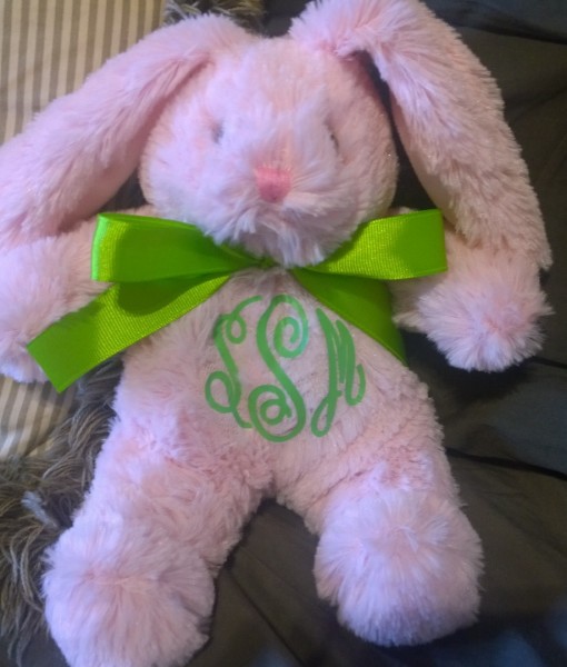 Pink bunny, green ribbon and monogram, fancy font