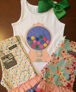 Gumball Machine Shirt paired with Matilda Jane Candy Button Shorties and Dainty and Delicious Shorties.