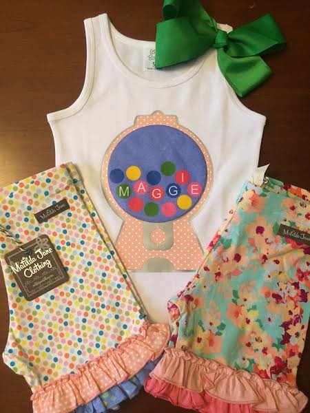 Gumball Machine Shirt paired with Matilda Jane Candy Button Shorties and Dainty and Delicious Shorties.