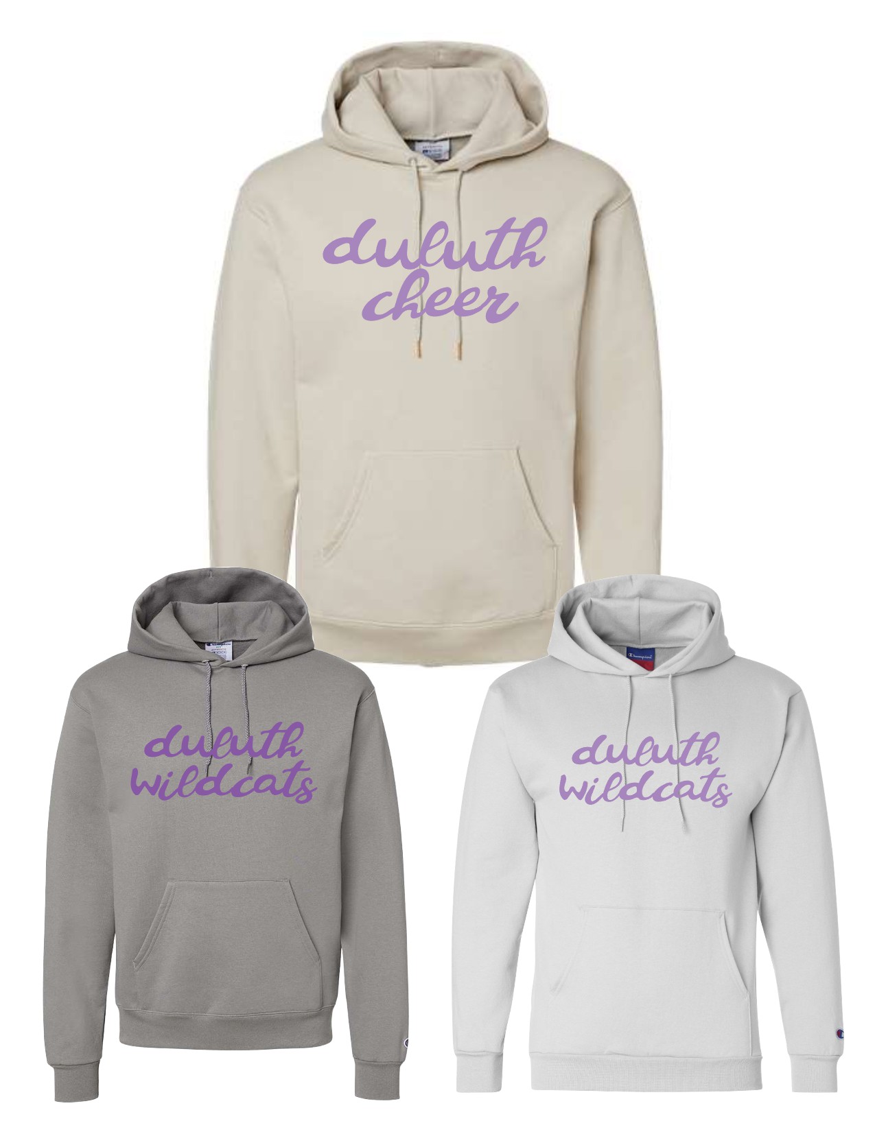 'duluth cursive' - Champion Hoodie - Wildcats or Cheer - EM Local